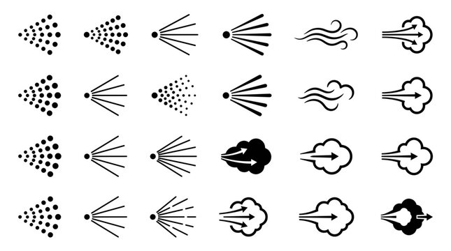 Spray mist and steam cloud icons collection showing aerosol water dispersion wind flow effect.