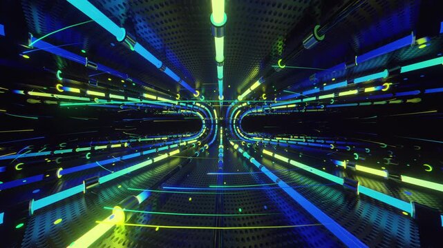 Hypnotic seamless loop of a futuristic geometric carousel. Abstract digital system made of curving light tracks, orbital particle pathways and grid metal textures, creating high technology background.