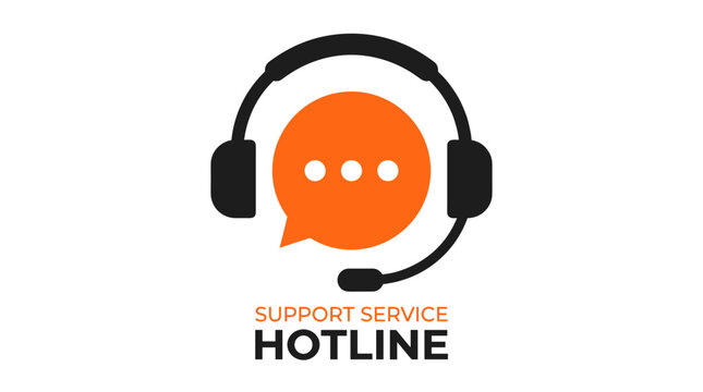 Support service hotline icon with orange speech bubble and black headset vector illustration.