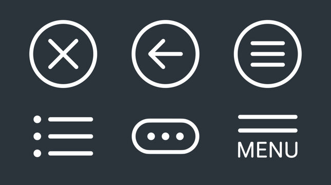 User interface mobile navigation icons set including close back and menu buttons on dark.