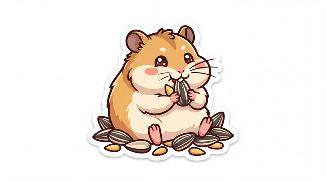 Cute cartoon hamster sitting on a pile of sunflower seeds, happily munching on a seed with large, expressive eyes and a chubby appearance