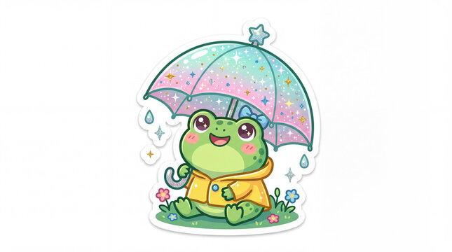 A cheerful cartoon frog wearing a yellow raincoat holds a colorful umbrella, surrounded by stars and raindrops, exuding a playful vibe