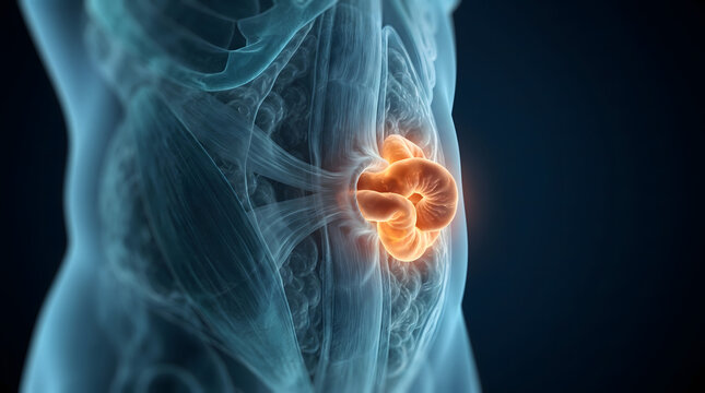 3D medical illustration of an abdominal hernia showing a loop of intestine protruding through a defect in the muscle wall