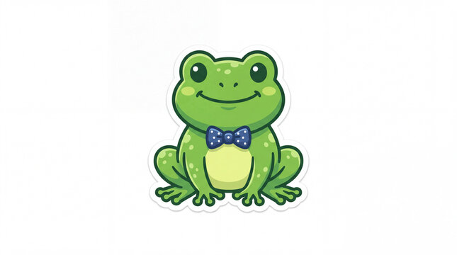 Cheerful cartoon frog character wearing a blue bow tie, with a green body and light yellow belly, set on a white background