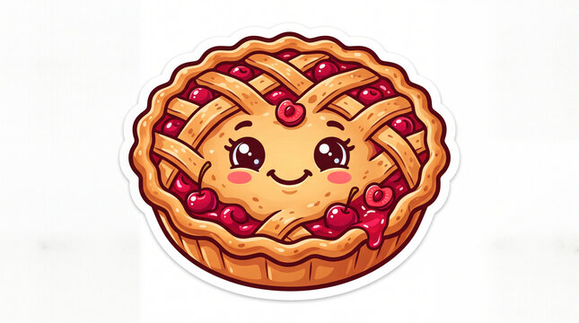 A cartoonish cherry pie with a smiling face, featuring a golden crust and vibrant red filling. The pie exudes a cheerful and inviting atmosphere