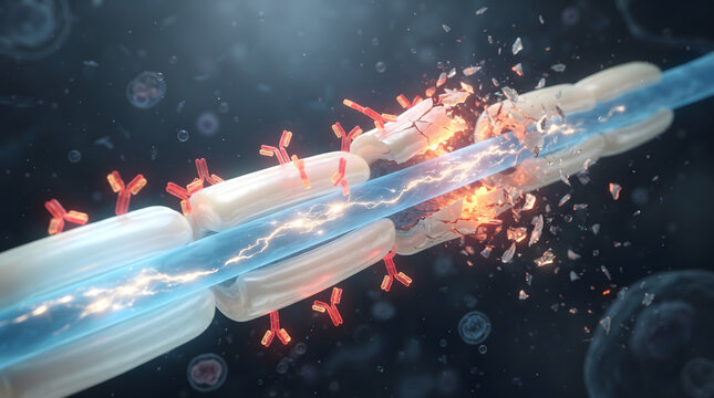 Medical illustration of demyelination showing antibodies attacking the myelin sheath of a nerve axon, disrupting electrical impulses in multiple sclerosis