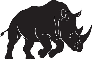 Fototapeta premium Bold black vector illustration of a rhinoceros with two horns, depicted in a dynamic running pose, isolated on a transparent background for animal-themed branding or icon design.