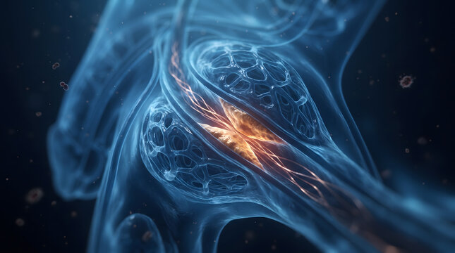 3D medical illustration of a narrowed blood vessel showing yellow lipid plaque buildup obstructing the flow within a translucent blue microscopic structure.