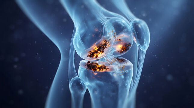 3D illustration of a transparent human knee joint showing glowing orange pain, inflammation, and bone-on-bone arthritis degradation.