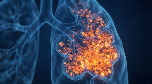 3D medical illustration of human lungs with glowing orange particles in the alveoli, representing respiratory infection, pneumonia, or cellular disease.