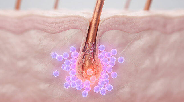 Medical 3D illustration of a hair follicle cross-section under autoimmune attack by purple immune cells, representing alopecia areata and hair loss.