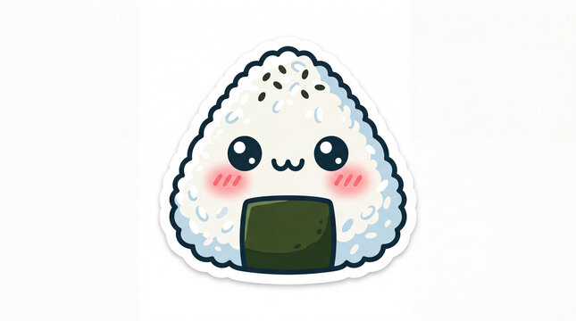 Cute and cheerful onigiri character with a smiling face, blushing cheeks, and seaweed wrapped at the base