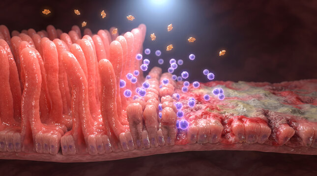 Medical 3D illustration showing the comparison between healthy intestinal villi and damaged, inflamed villi affected by celiac disease or gluten enteropathy.