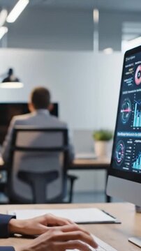 Focused data analyst. Analyst analyzing key performance indicators with concentration. Data specialist in formal attire studying comprehensive visual metrics within decisionmaking setting