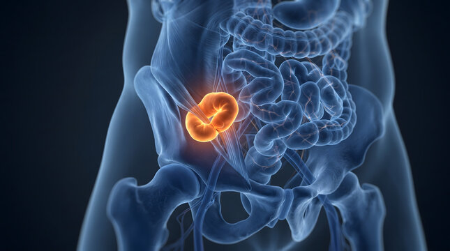 3D medical illustration of a kidney transplant positioned in the pelvis iliac fossa highlighting the renal graft in glowing orange