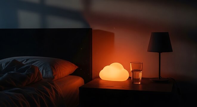 A bedside scene showing a soft-lit cloud lamp, drink, and small table by a bed