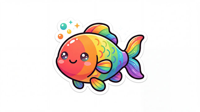 Colorful cartoon fish sticker with a joyful expression and rainbow scales, surrounded by bubbles