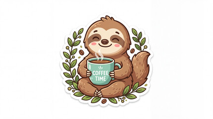 Obraz premium Cute sloth character holding a coffee mug surrounded by green leaves promoting a relaxed atmosphere