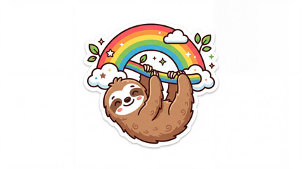 Obraz premium Cute sloth hanging from a colorful rainbow surrounded by clouds and leaves, creating a cheerful and whimsical atmosphere