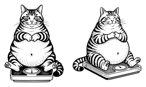 Fat striped cat sitting on a weight scale in vintage hand drawn engraving style