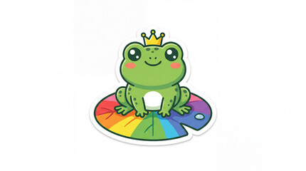 Obraz premium A cheerful cartoon frog with a crown sitting on a rainbow color palette, exuding joy and playfulness