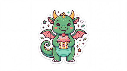 Fototapeta premium Playful green dragon character holding a cupcake, adorned with colorful stars and confetti in a whimsical style