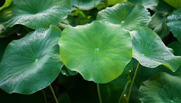 Close Up Of Green Lotus Nelumbo Nucifera Leaves Covered With Clear Water Drops