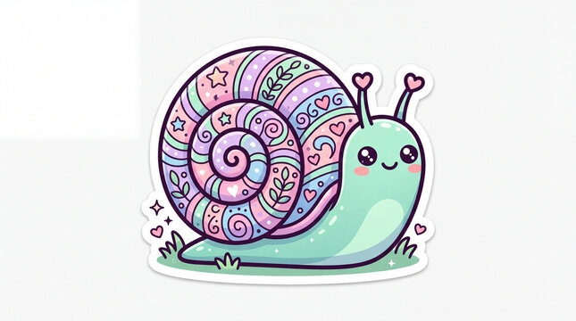 Cute cartoon snail with a colorful spiral shell, displaying emotions of happiness with hearts above its head