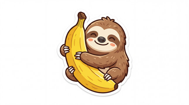 Cute sloth character hugging a banana, illustrated in a colorful, cartoonish style, perfect for stickers or children's designs