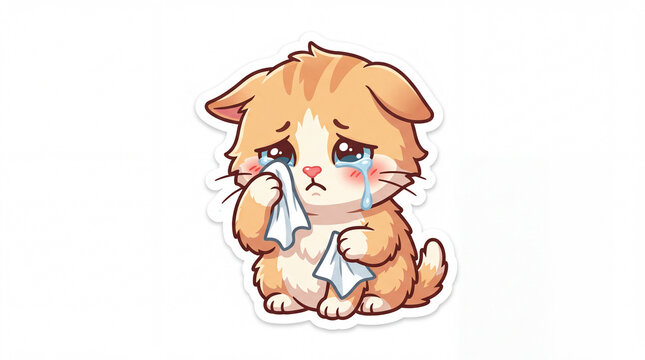 A digital illustration of a sad, fluffy orange cat with tears, holding tissues, conveying a sense of emotion and vulnerability