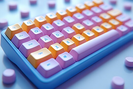 Colorful keyboard with pastel keys, scattered keycaps on blue surface computer