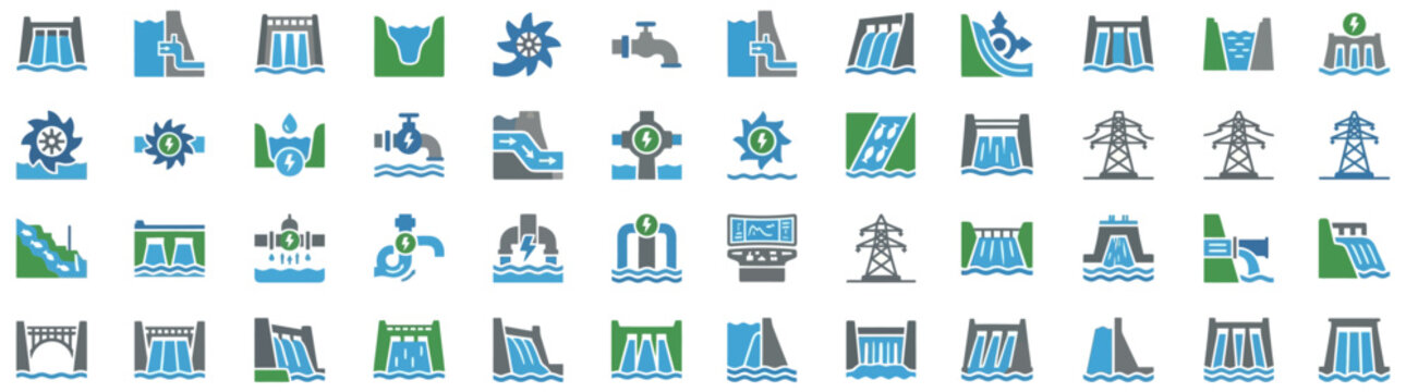 Hydroelectric Power and Dam Icon Set