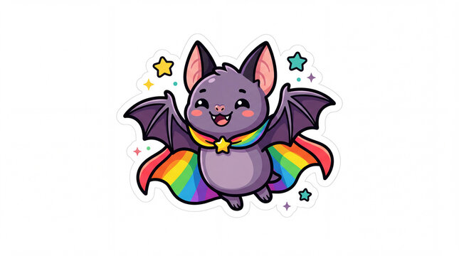 Cute bat character with a rainbow cloak and smiling expression, surrounded by colorful stars