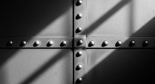 Grayscale image of steel riveted panels with dramatic light and shadow patterns