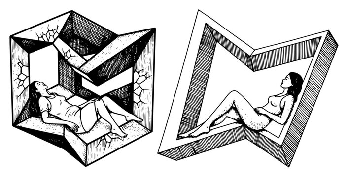 Women lying inside impossible geometric shapes in conceptual engraving style