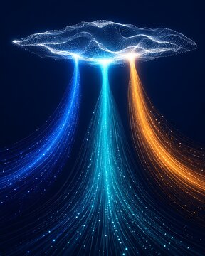 Futuristic digital data cloud with glowing fiber optic light beams, abstract network connection concept, blue and orange energy particles on dark background