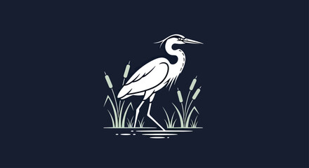 Obraz premium White heron bird silhouette standing in marsh reeds.