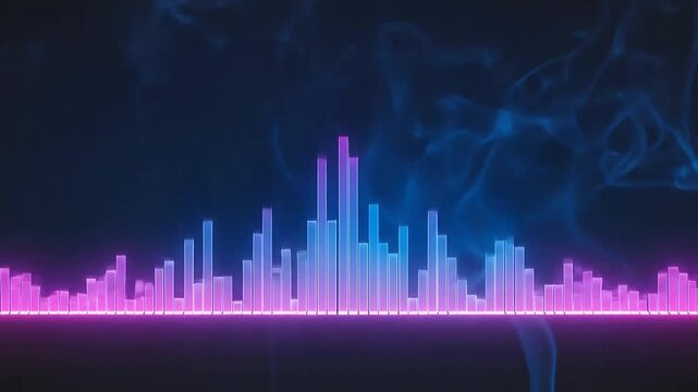 Abstract digital audio equalizer with glowing neon bars and blue smoke
