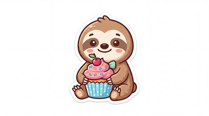 Naklejka premium Cute sloth character holding a colorful cupcake topped with a cherry, featuring a cheerful expression and soft features