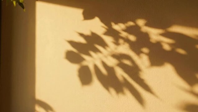 Shadow of tree leaves on a textured beige wall during sunset golden hour. Soft natural light creates organic leaf patterns on a vertical flat surface with fine stucco masonry texture.