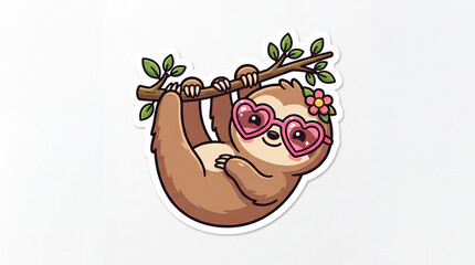 Obraz premium Playful sloth hanging from a branch adorned with green leaves, wearing pink heart-shaped sunglasses and a floral accessory, conveying a fun, vibrant