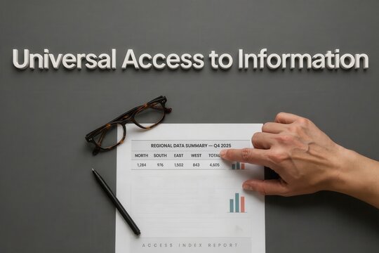 Concept of universal access to information with hand analyzing data report on grey desk