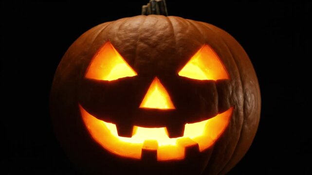 Dimly lit Halloween jack-o-lantern carved pumpkin glowing with an eerie smile against a dark background.