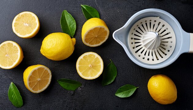 Limones Frescos Y Exprimidor De Citricos En Una Composicion Plana Sobre Fondo Oscuro Limones En Rodajas Con Exprimidor Sobre Pizarra Oscura Fotografia De Alimentos Con Citricos Frescos