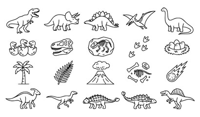 Dinosaur Outline Icon Collection Featuring Prehistoric Animals Volcano Fossils and Jurassic Nature Elements © Boloram
