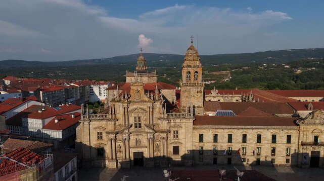 Aerial view of the Monastery of San Salvador in Celanova, Ourense, Galicia, Spain, bathed in the golden light of sunset