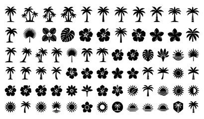 Black Tropical Botanical Silhouette Collection with Palm Trees Flowers Leaves and Nature Icons Set © Boloram
