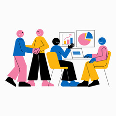 Fototapeta premium Flat design vector illustration of diverse business team collaborating in office, characters with laptop and charts, modern corporate teamwork concept, minimal style isolated on white background