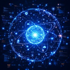 Naklejka premium Quantum computing technology concept, futuristic blue digital sphere with data icons, global network security and artificial intelligence visualization