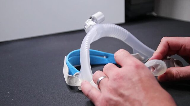 Broken nasal CPAP mask with defect nose pad with crack in nose pad of CPAP nasal mask needs medical replacement for renewed CPAP therapy mask against sleep apnea disease disturbed by broken equipment